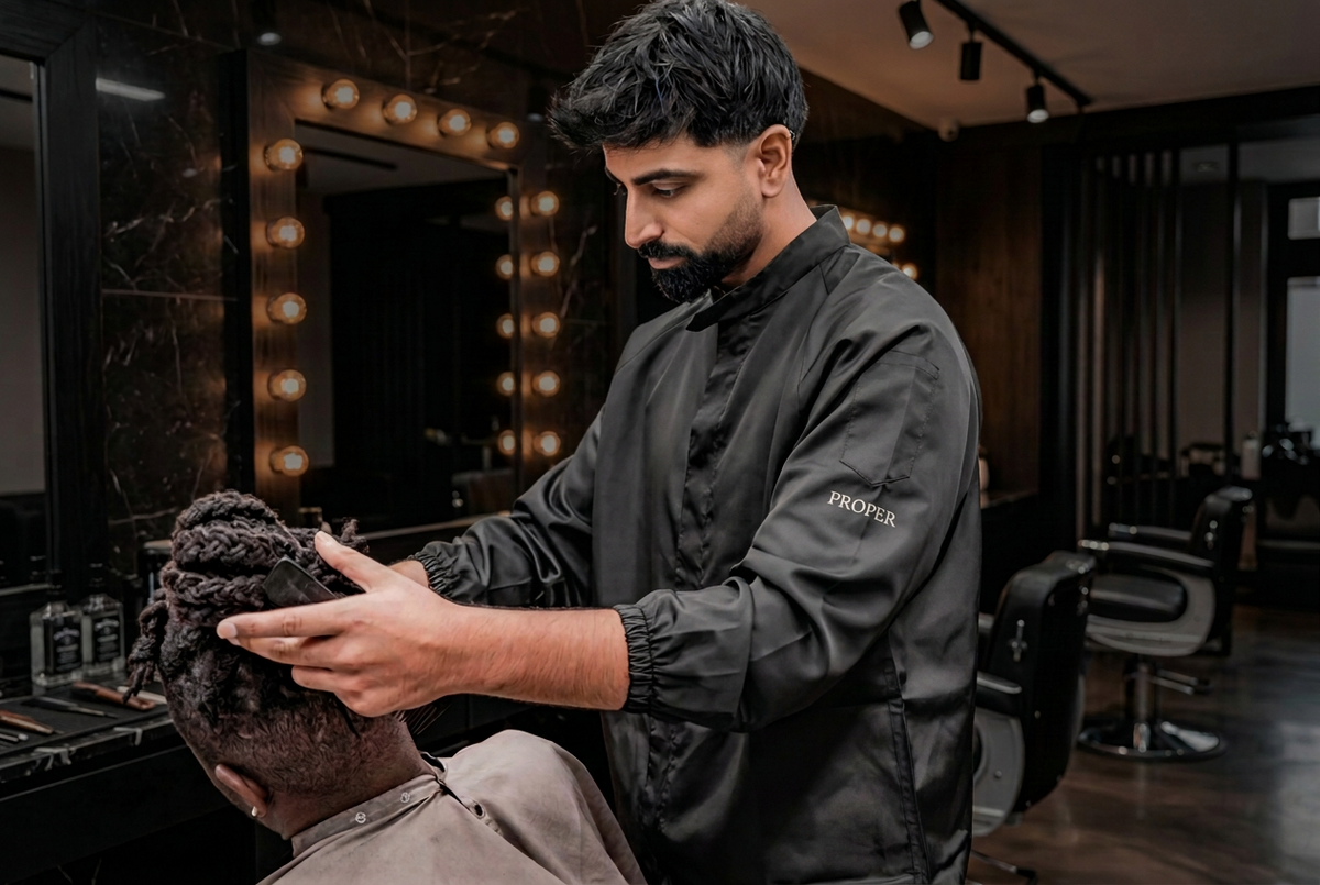 Barber cutting a client's hair in the barbershop while wearing the black Barber Armour hair-resistant jacket