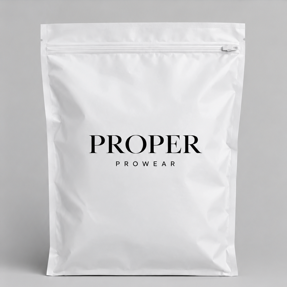 A white stand-up zip pouch with the text 'PROPER PROWEAR' printed in black on the front, shown against a light gray background.
