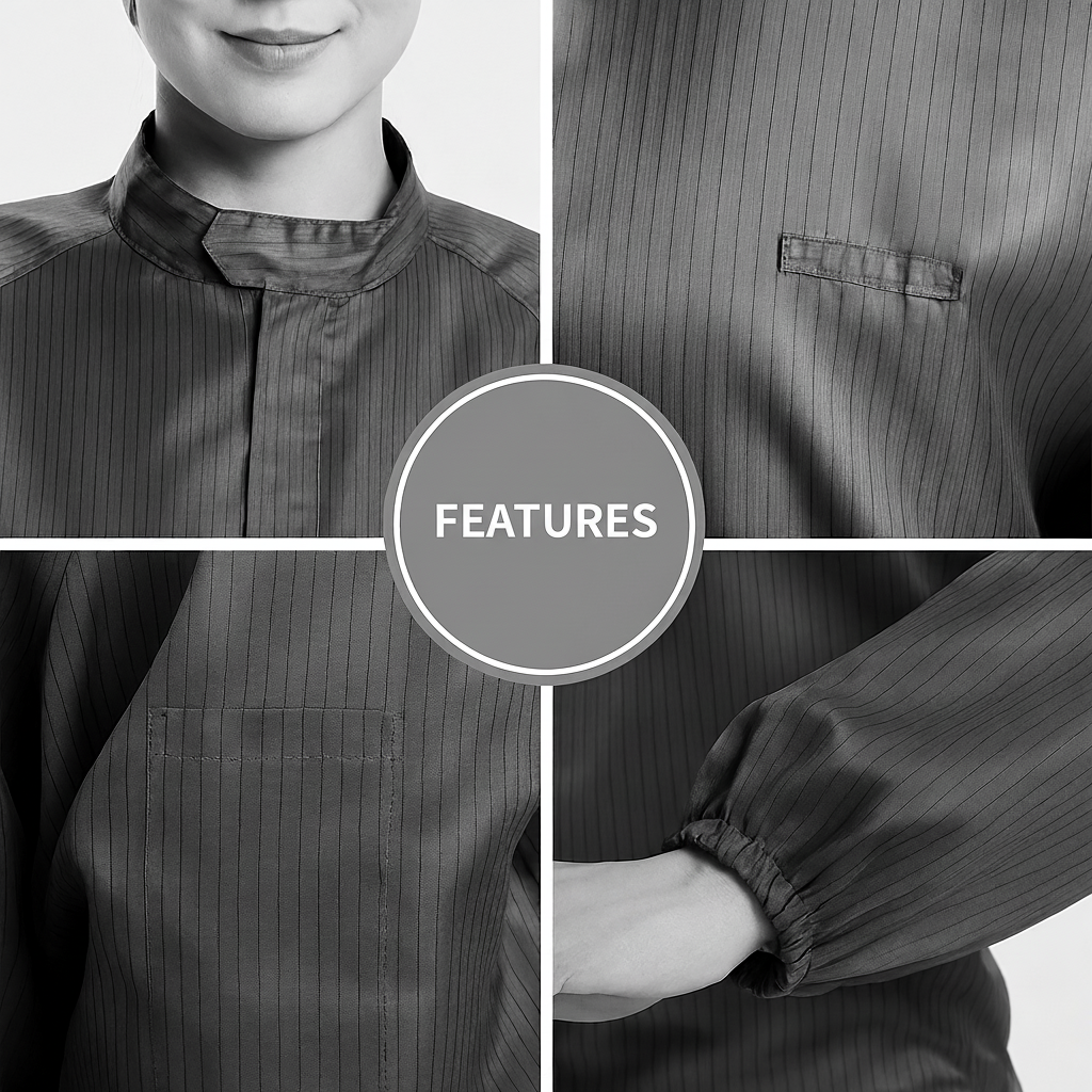 Collage of a person wearing a dark gray work uniform with close-up details.