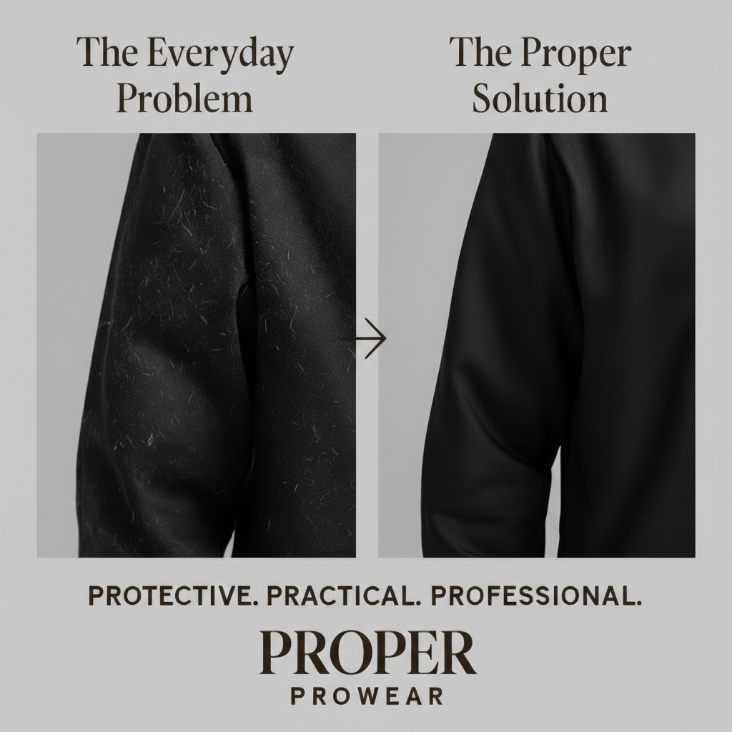 Comparison of worn black pants with visible stains on the left and clean black pants on the right, labeled 'The Everyday Problem' and 'The Proper Solution', with 'Proper Prowear' branding.