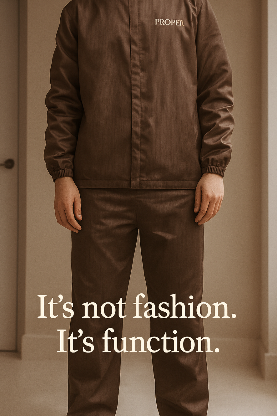 Person wearing a brown jacket with 'PROPER' branding, standing against a neutral background.