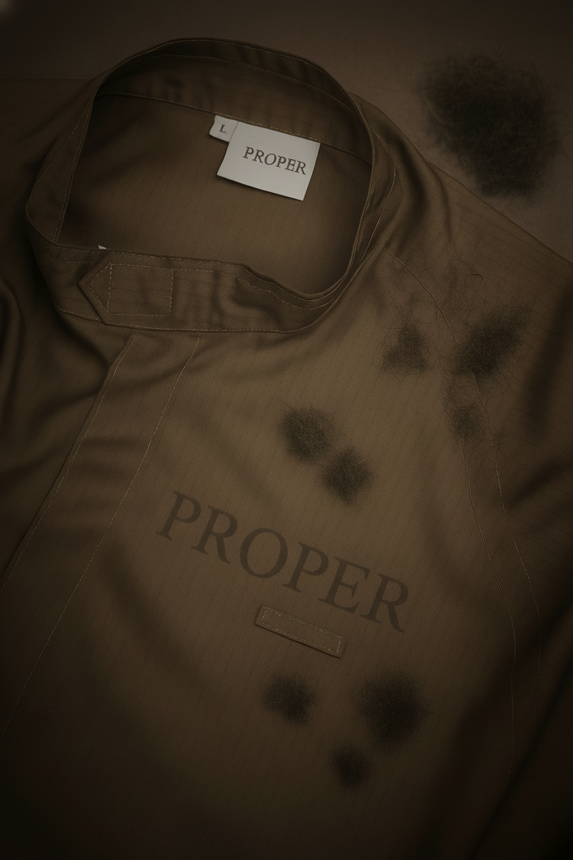 Brown shirt with 'PROPER' branding and stains on a beige background